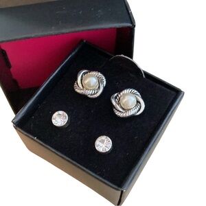 Avon Pearlesque & Rhinestone 4-in-1 Stud Earrings Set w/ Silver Tone Jackets